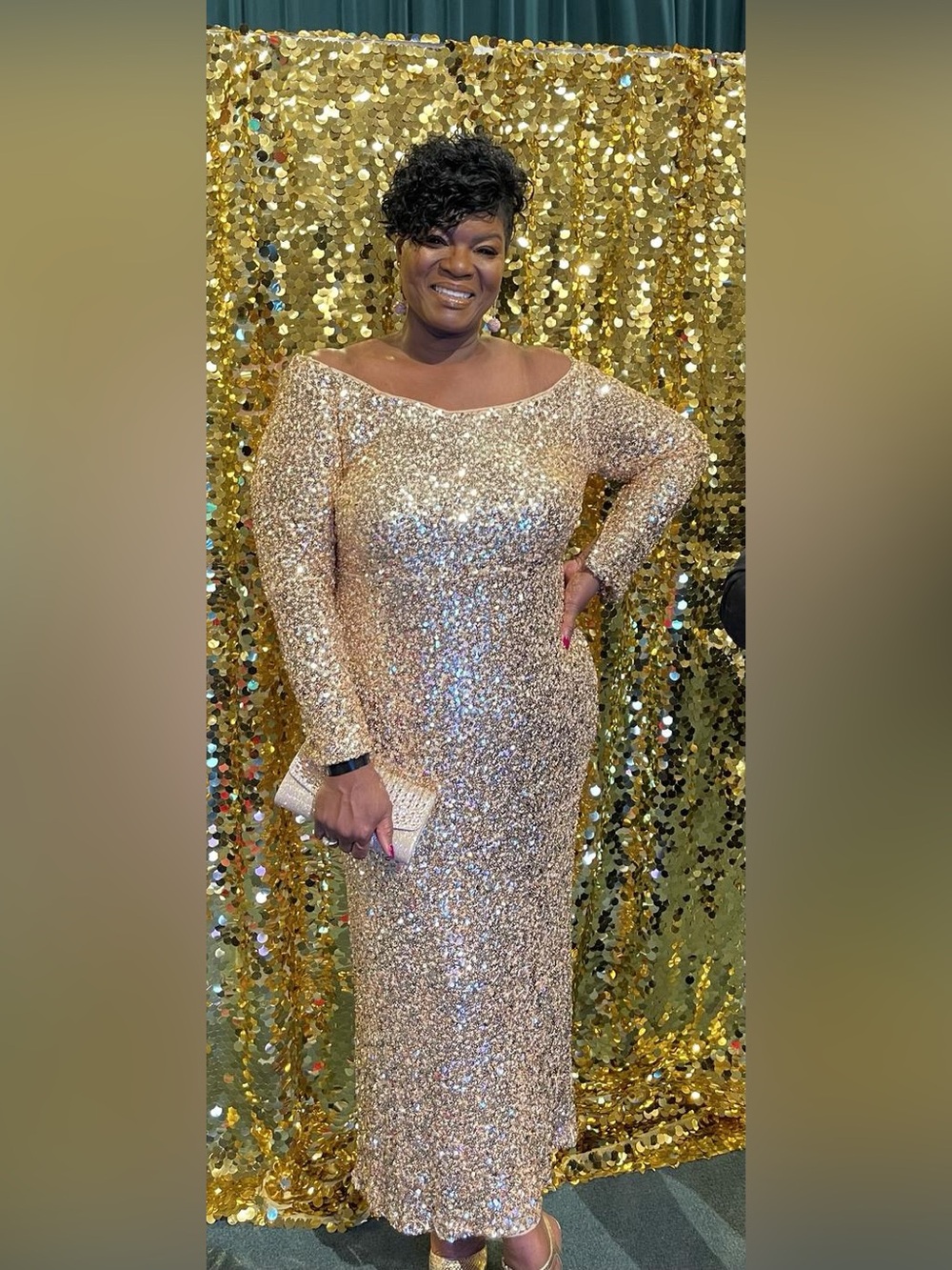 ELOQUII OFF THE SHOULDER SEQUIN COLUMN DRESS IN GOLD - Picture 8 of 12